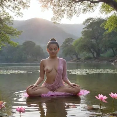 "4K Ultra HD digital painting of a female Gautama Buddha in deep meditation beneath an ancient Bodhi tree next to a tranquil lake, with pink lotus flowers floating by, golden sunlight filtering through the leaves, soft mist over the distant green hills and calm spiritual vibes in the air."