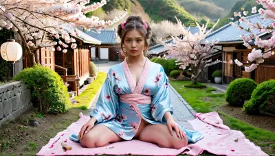 4K UHD ultra-detailed RAW photo, high detailed, 8k, photorealistic, Masterpiece, ((solo)), A beautiful young japanse woman sits under a cherry tree, DonMS4kur4XL. Cherry blossoms fall all around her, and lie thick on the geround. She wears a revealing blue silk kimono, with an ornate hairstyle and strong Geisha makeup, fflix-geisha. In the distant background behind the woman is a traditional Japanese village.
Look at viewer.

traditional, Japanese, v1ll4g3, fflix-geisha, <lora:traditional_Japanese_v1ll4g3:.7>, <lora:Fflix-Geisha:1.1>, <lora:DonMS4kur4XL-000006:1.1>