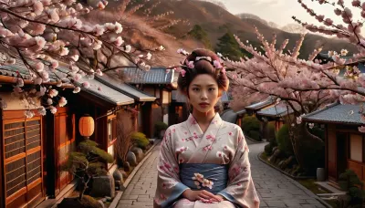 4K UHD ultra-detailed RAW photo, high detailed, 8k, photorealistic, Masterpiece, ((solo)), A beautiful young japanse woman sits under a cherry tree, DonMS4kur4XL. Cherry blossoms fall all around her, and lie thick on the geround. She wears a revealing blue silk kimono, with an ornate hairstyle and strong Geisha makeup, fflix-geisha. In the distant background behind the woman is a traditional Japanese village.


traditional, Japanese, v1ll4g3, fflix-geisha, <lora:traditional_Japanese_v1ll4g3:.7>, <lora:Fflix-Geisha:1.1>, <lora:DonMS4kur4XL-000006:1.1>