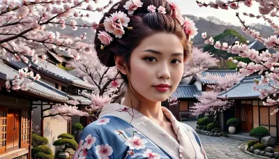 4K UHD ultra-detailed RAW photo, high detailed, 8k, photorealistic, Masterpiece, ((solo)), A beautiful young japanse woman sits under a cherry tree, DonMS4kur4XL. Cherry blossoms fall all around her, and lie thick on the geround. She wears a revealing blue silk kimono, with an ornate hairstyle and strong Geisha makeup, fflix-geisha. In the distant background behind the woman is a traditional Japanese village.
Her head is trunred 35 degrees to the side as she looks at viewer with a shy smile., (shy smile), traditional, Japanese, v1ll4g3, fflix-geisha, <lora:traditional_Japanese_v1ll4g3:.5>, <lora:Fflix-Geisha:1>, <lora:DonMS4kur4XL-000006:.8>