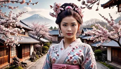 4K UHD ultra-detailed RAW photo, high detailed, 8k, photorealistic, Masterpiece, ((solo)), A beautiful young japanse woman sits under a cherry tree, DonMS4kur4XL. Cherry blossoms fall all around her, and lie thick on the geround. She wears a revealing blue silk kimono, with an ornate hairstyle and strong Geisha makeup, fflix-geisha. In the distant background behind the woman is a traditional Japanese village and mist covered mountains.
Her head is trunred 35 degrees to the side as she looks at viewer with a shy smile., (shy smile), traditional, Japanese, v1ll4g3, fflix-geisha, <lora:traditional_Japanese_v1ll4g3:.5>, <lora:Fflix-Geisha:1>, <lora:DonMS4kur4XL-000006:.8>