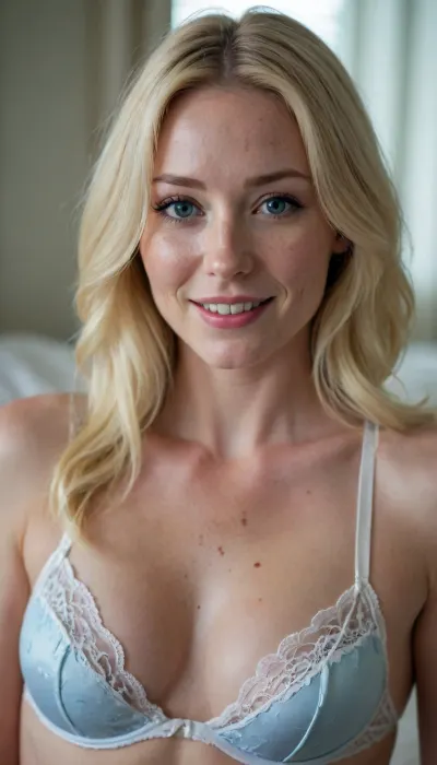 Shooting photo, boudoir, Canadian woman, 35yo, slim body, 5'6", freckles, pale skin, clear blue yes, smiling, long venetian blond hairs, white lace lingerie