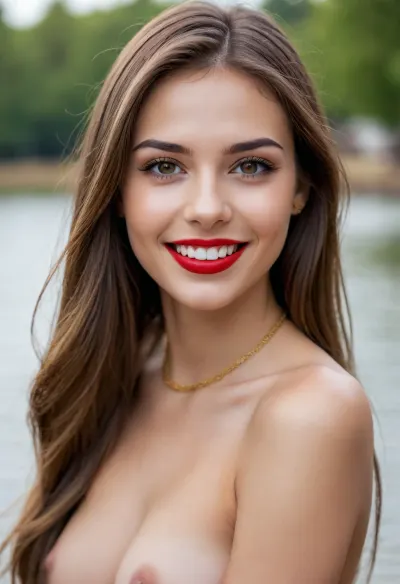 Perfect girl top body, topless, bright forehead gold chain, brown eyes, uhd, very long straight middlepart hairstyle, red lipstick, large smile, white teeth, perfect skin, natural light, eyes makeup, long golden necklace, long golden earrings, nude, large breast