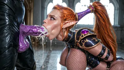 Beautiful 19 years old Beauty with ginger hair, elf ears, wearing spiked black drukari armour, black leather bondage straps, large breasts, massive breasts, thigh high drukhari boots, fishnets, long legs, forced onto her knees by the study, monster fuck her, ((forced to deepthroat purple lictor alien covered in carapace)), large purple cock, forced sex, multiple large balls, cum, deepthroat, covered in sweat, professional photograph, ultra detailed, intricate details, at a palace, tyrnd, <lora:Drukhari-000006:1.3>, <lora:Aeldari:.9>, <lora:491328_training_data:1.6>
