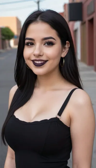 22 years old mexican-american woman, smiling, black hair, big cheeks, white and pale skin, emo girl, black lips, black eyeshadows, black eyeliner, black strap blouse, long straight hair, round breasts, busty, hanging breasts, middle body view, mexican street, skinny, flat body, flat torso, narrow waist, small hip, highest quality, detailed skin texture, masterpiece, 4K