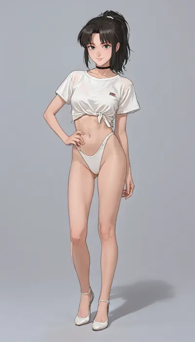 (ratatatat74), 90s Anime, (Outline), (cartoon), tooned, 1girl, solo, full body, white blouse, choker, ponytail, black hair, smile, blush, hand on hip, midriff, detailed shadows, (knotted shirt), toned, simple background, highleg panties, no lower body wear, Perfect Hands, <lora:ratatatat74-000050:1.1>, <lora:outline_xl_kohaku_delta_spv5x:.5>, <lora:cartoon_stickers_xl_v1:.8>, <lora:NEOTOKIOXL_0.2_RC:.5>