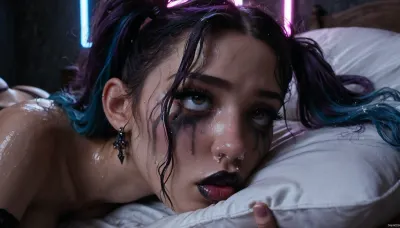 Score_9, score_8_up, score_7_up, (close-up of her face:1.5), (solo), (1girl), (long hair), (multicolored hair, (dark purple hair), (bright blue hair)), (twintails:1.4), (wavy hair), (messy hair), (wet hair:1.4), submissive, (incredibly busty bimbo:1.1), (engorged breasts), (gigantic tits), (saggy heavy boobs), (pointy breasts), (retrousse tits), (nipple piercings), (bimbo slut makeup), (mascara running down her face:1.3), (incredibly long lashes), (bimbo lips), (black lipstick), (super snatched waist), (pencil waist), (huge bbl ass:1.2), (ribs visible), (oiled glossy skin), (sweaty skin), (shaved pussy), (white skin:1.1), (pale skin:1.4), (gothic:1.1), (goth:1.1), (tan lines:.8), (brown eyes), (perfect mouth), (perfect lips), (topless), (bottomless), (no clothing except a black garter belt and black fishnet thigh-high leggings and black platform stilettos and black fishnet arm sleeves), perfecteyes, <lora:PerfectEyesXL:.8>, (she's laying on a bed, on her side, head on a pillow), exhausted, tired, hair and makeup was elegant and beautiful but is now messy and disheveled after hours or rough sex, (ruined makeup:1.4), (smudged lipstick smeared across face), (cum running out of her nose and mouth onto the bed:1.2), (excessive amounts of cum:1), (vacant expression:1.4), (fucked stupid, brainless), (black walls), (gothic bedroom), (blue and purple neon lighting:1.1), (bright neon lighting:1.2), HighRes Fix, ADetailer, Inpainting, Upscale, Photoshop, <lora:dark:.5>, <lora:315758_training_data:.8>