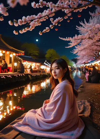 sexy girl, slender, O-Hanami Cherry Blossom and Cherry Festival, village, lots of trees, river, sunlight, falling leafs, bar, market stalls, neon light water, at night, stars, moon, sitting people, blanket, selfie