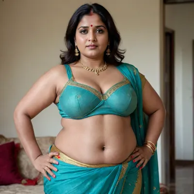 sexy chubby 50 years old indian woman, large boobs, thick thighs, less ornaments, no makeup, chubby face, wearing saree, cleavage seen, navel
full body, long distance photo
