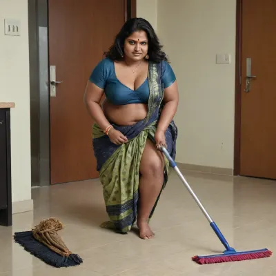 sexy chubby 50 years old indian woman, large boobs, thick thighs, less ornaments, no makeup, chubby face, thick body, black skin, removing saree, cleavage seen, navel, sweep office floor with broom