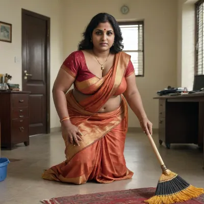 sexy chubby 50 years old indian woman, large boobs, thick thighs, less ornaments, no makeup, chubby face, thick body, black skin, removing saree, cleavage seen, navel, sweep office floor with broom, bowed down