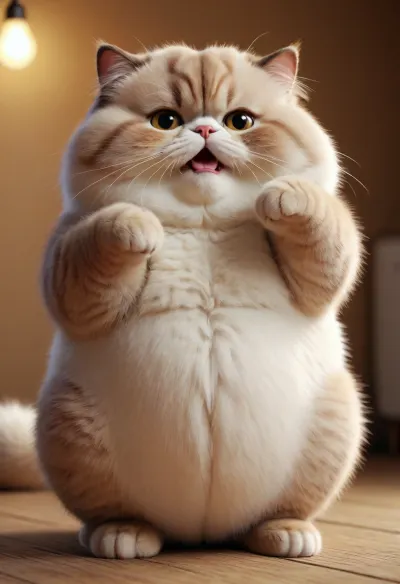 fat cute fluffy cat with a belly, funny facial expressions, Exaggerated action，praying, 3D character, a little hairy, elongated shape, cartoon style, minimalism