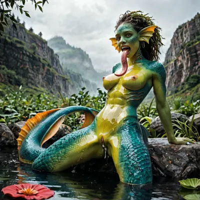 mermaid, green, (green skin=1.9), fin-ears, (fin ears), seaweed hair, kelp hair, (kelp hair=1.6), legs fused into fish tail, (gills), (thoracic gills), small tits, perky tits, irridescent scales near breasts, irridescent cyan scales on tummy, (tummy scales), errect nipples, pearls, irredescent scales cover tail, pussy near tail, golden caudal fin, large labia, creampie, hip fins, sharp teeth, long tongue, wet, oil, excessive oil, body covered in kelp, (kelp), needle nails, (long nails), blood on teeth, blood on tits, show face, show tail, ((show face)), (show tail), red gel on nails, red pain splatter on rocks in background, island in the backgound, fog