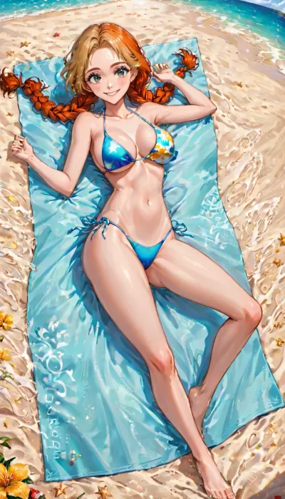 Busty 18 year old redhead girl, Lying on his back on the beach towel, sunny day, bikini with one breast exposed, slim figure, tight butt, full body, long bleached blonde hair, braids, sexy butt, long flowing hair dancing in the breeze, and a smile full of joy, Mondello, Beach, portrait, wide, angle, <lora:chest_adjust:.8>, <lora:breasts_slider_v10:.9>, <lora:XL_FD-Mondello-Beach-R16:.8>