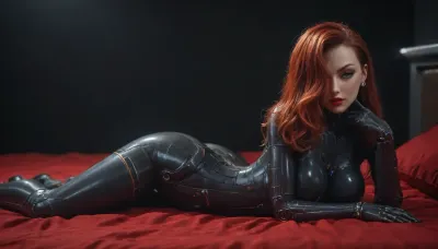 (tron jessica rabbit:2), red hair, (sexy black tron outfit:2), sexy pose on the bed, black background