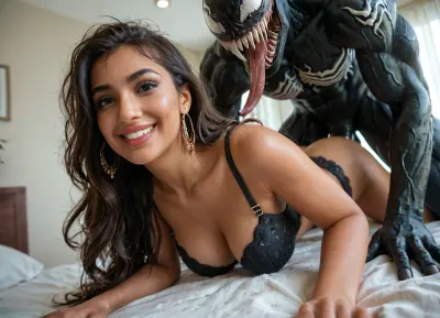 Close up shot, ((beautiful indian woman with long hair and fair skin wearing a bra)), slight smile, on all fours having sex with venom with a big penis holding her waist, dynamic angle, in the bedroom