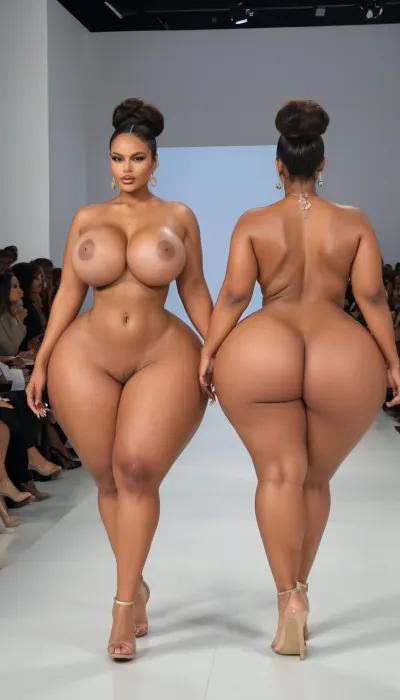 two African women, extreme Voluptuous body, extremely huge inflating boob, extremely large areola, extremely puffy nipple, extremely huge wide inflating booty, thin waist, both are completely nude, on nude fashion show, walking on ramp, back view, side view, ohwx, large, breasts, big, boobs, huge, tits, <lora:GracieBon-000005:.8>, <lora:bombshell_v2:1>