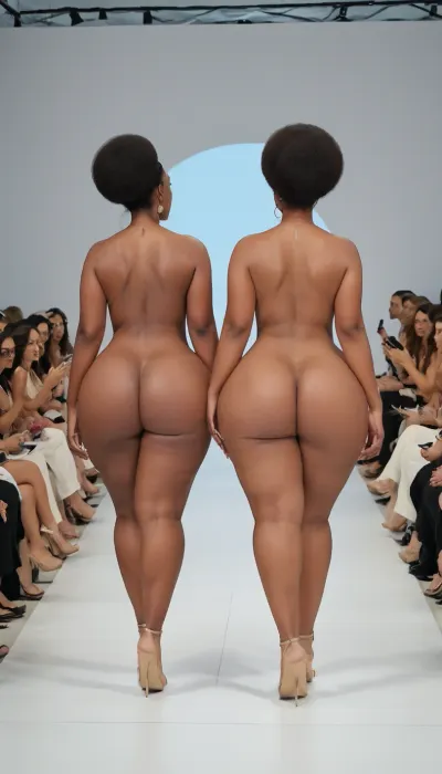 two African women, extreme Voluptuous body, extremely huge inflating boob, extremely large areola, extremely puffy nipple, extremely huge wide inflating booty, thin waist, both are completely nude, on nude fashion show, walking on ramp, back view, side view, ohwx, <lora:GracieBon-000005:1>