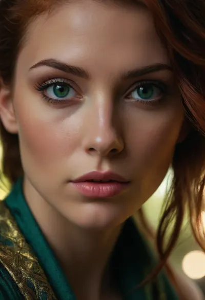 (avant-garde facial portrait:1.6), (beautiful woman's face:1.1), (focus on face), (intense eye detail:1.3), (bright green eye:1.4), (beautiful long eyelashes:1.2), (detailed eyeliner:1.1), (intricate eye:1.3), (vivid emerald tones:1.4), (flecks of gold around the iris), (dramatic lighting:1.3), (deep auburn hair, depth and dimension, loose strands of hair:1.2), (warm and inviting color palette:1.2), (subtle contrasts:1.1), (emphasize vibrancy of eye:1.3), (contrasting soft skin tones:1.1), (serene expression:1.2), (sense of intensity and introspection:1.3), (shallow depth of field:1.4), (blurred background:1.1), (detailed skin, detailed hair, detailed eye:1.3), (natural skin texture, natural hair texture, natural eye texture:1.3), (sense of immediacy and emotional depth:1.4)