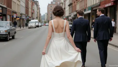 A realistic and detailed vintage-style photo of a young woman, around 18 years old, walking down a city street. The photo is taken from behind her. She is wearing a white dress, which is lifted by the wind, natural effect. Two men in classic three-piece suits are walking towards the camera and glance back over their shoulders to admire the woman, while maintaining respectful distance. The street is filled with vintage-style elements, like old-fashioned buildings, classic cars, and 1940s fashion. The scene exudes an elegant, timeless atmosphere, with soft, natural lighting., (((upskirt)))