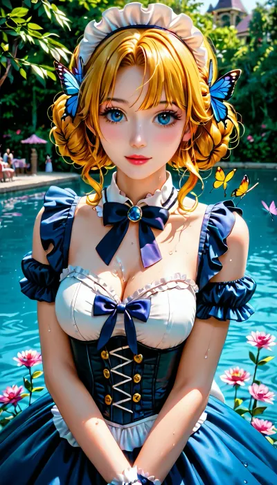 Princessa, pirat, sweetegl, sweetop, swe3tjsk, bl0use, bioluminescent, dress, burlesque, butterfly, crystalline, cute, maid, fairy, flower, idol, iridescent, clothing, liquid, princess, ruffled, lingerie, sailor, senshi, uniform, tennis, underbust, corset, victorian, water, <lora:SweetLolitaXLv4.23:1>, <lora:xl_n15g_aio_clothing-2.0:1>, <lora:add-detail-xl:1.5>