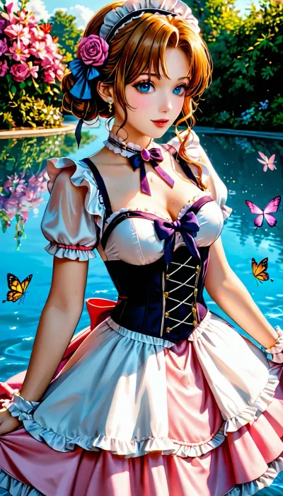 Princessa, pirat, sweetegl, sweetop, swe3tjsk, bl0use, bioluminescent, dress, burlesque, butterfly, crystalline, cute, maid, fairy, flower, idol, iridescent, clothing, liquid, princess, ruffled, lingerie, sailor, senshi, uniform, tennis, underbust, corset, victorian, water, <lora:SweetLolitaXLv4.23:1>, <lora:xl_n15g_aio_clothing-2.0:1>, <lora:add-detail-xl:1.5>
