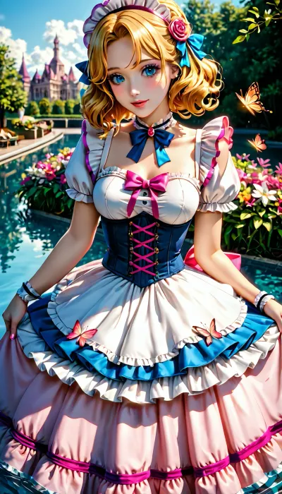 Princessa, pirat, sweetegl, sweetop, swe3tjsk, bl0use, bioluminescent, dress, burlesque, butterfly, crystalline, cute, maid, fairy, flower, idol, iridescent, clothing, liquid, princess, ruffled, lingerie, sailor, senshi, uniform, tennis, underbust, corset, victorian, water, <lora:SweetLolitaXLv4.23:1>, <lora:xl_n15g_aio_clothing-2.0:1>, <lora:add-detail-xl:1.5>