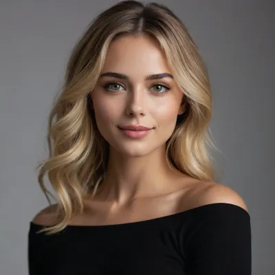 Eva X, 24-year-old woman with a stunning, busty figure, (130 cm / 51" bust, 66 cm / 26" waist, 110 cm / 43" hips), exuding elegance and confidence. She has flawless, glowing golden skin with a realistic, smooth texture, radiating beauty.

Hair, Long blonde hair with dark roots, styled in soft, voluminous waves that cascade naturally around her shoulders, catching the light with a subtle shimmer.

Face, Her face is a masterpiece of symmetry, with high cheekbones, a sharp jawline, and a delicate, petite nose. Her amber-colored eyes are large and captivating, framed by long lashes. A soft, inviting smile and teasing expression create a friendly yet alluring vibe, perfect for a social media profile.

Style, She wears a simple yet elegant outfit, such as a chic black top or a trendy sweater, designed to highlight her natural beauty without being overly revealing. The style is sophisticated and clean, perfect for an Instagram profile picture.

Lighting and Setting, Soft, natural lighting that highlights her radiant skin and enhances her features, giving the photo a fresh, inviting look. The background is clean and minimalistic, with soft bokeh or blurred colors that make Eva X the center of attention. The lighting should create a bright, warm glow, showcasing her beauty and charm.

Posture and Expression, Her posture is relaxed but confident, with a slight tilt of the head and a gaze that exudes confidence and mystery. She gives a subtle, teasing smile, perfect for engaging her audience on Instagram.

Image Quality, High resolution, suitable for a professional-looking social media profile. The image is clear, crisp, and well-lit, capturing Eva X’s unique beauty and allure
