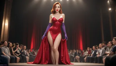 jessica rabbit exactly how she looks in the movie “who framed roger rabbit”, long purple satin gloves, red sequin dress, thick lips, very waist, waist, hourglass figure, very tall, very long legs, on stage at a night club, vigorously hard pounding sex