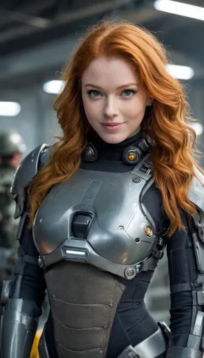 Candid photo, ultimate realism, futuristic ginger 22 year old super soldier, flirty smile, high tech exosuit, realistic detailed eyes, Futureistic fortress Hanger, realistic detailed face, realistic detailed skin, mildly busty, gunmetal Grey, heavy equipment