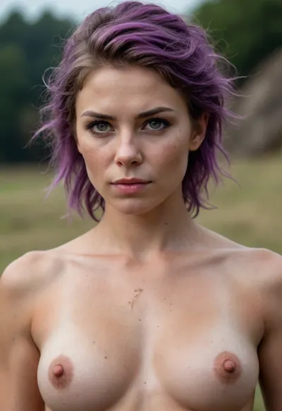 (((35 yo young female 1200 viking raider))), view from front, solo girl, beautiful face, (small muscular breasts), (muscular thighs), raider armor, wasteland, purple hair, purple pubic hair, (very dirty body:1.6), (very dirty face:1.7), (hairy pussy:1.5), (exposed pussy:1.5), big ass, long legs, masterpiece, highest quality, 8k, High detail RAW color Photo, highly detailed skin, highly detailed pussy, hyper realistic, symmetrical, highly detailed, perfect skin, Hasselblad, gigapixel, skin pores, high detail hair, (sharp body), detailed body, on focus, perfect face, perfect tits, professional photo, full body in picture, RAW photo, full body, ultra-detailed, ((high detailed skin)), 8k uhd, dslr, high quality, detailed skin texture, (highly detailed hair), highly detailed body, (realistic), soft focus, insanely detailed, (skin pores)
