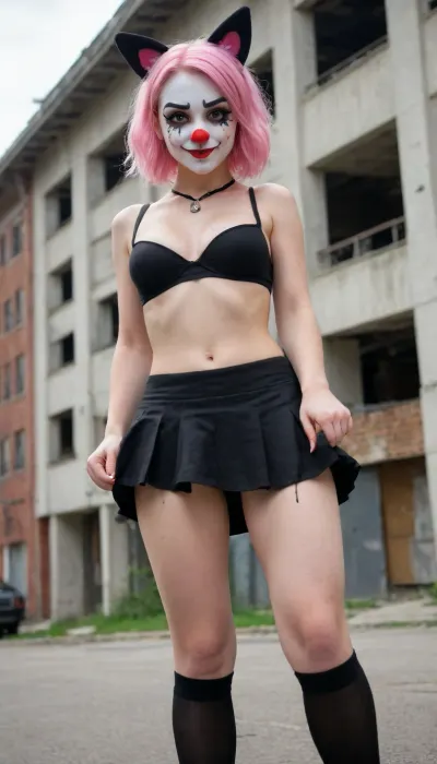 young 18 years old nude white girl, sex, minecraft, microskirt, cap, stockings, smirk, street in the background, clown makeup, skinny, white face paint, detailed vagina, (girl shows her pussy by lifting up her skirt:1), (lifted skirt:1), (pussy, smooth pussy:1.11), cum on fee 69, pussy juice, big ass, Cinematic, humping 24 h, handjob, upskirt, pink hair, abandoned building, fox mask, stripper