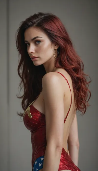 wonder woman, full figure, side view, sexy, very long red hair
