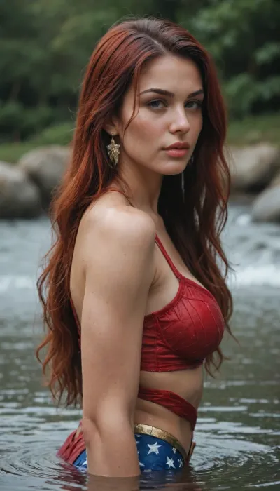 wonder woman, ((full figure)), side view, sexy, very long red hair, river