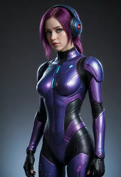 (Flat boy chest), (hyper realistic, realistic:1), perfect illumination, ultra-detailed, highest quality, masterpiece, best quality, ultra realistic, sharp image, (1girl), normal size eyes, crystal clear image, perfect eyes, (glowing blue eyes), (side view), no background, tiny hips, fit, full body image, legs, 22 years old, futuristic black spacesuit with strong glowing purple details, the spacesuit is tight and fits snuggly against her body, black spacesuit with purple havely textured pattern, spacesuit has full sleves showing no skin, in the style of ghost in shell, in the style of ironman, in the style of deadpool, full body in image, armored chestplate, mecha musume, mechanical parts, robot joints, headgear, .5>