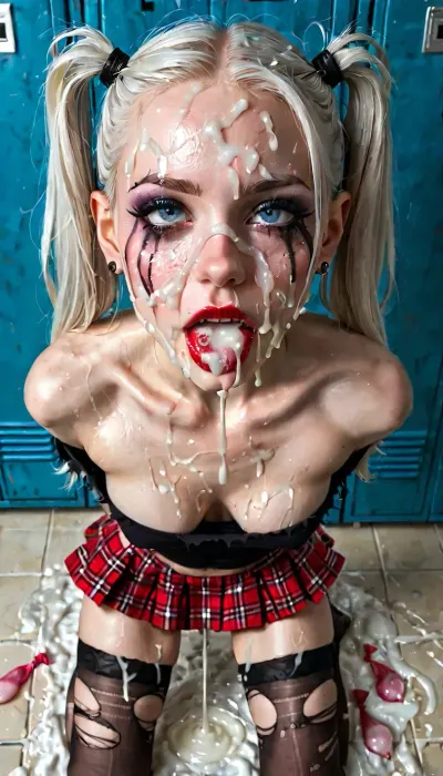 Multiple panels, multiple views, (before and after), pale skin, changing room, (orgasm face:1.4), (pale white skin:1.4), albino skin, (white hair), messy hair, (high pigtails), (zoom out overhead view:1.3), black shirt, goth makeup, goth clothes, (smeared makeup:1.1), (running eyeliner:1.1), (smeared eyeliner:1.1), torn fishnet stockings, plaid skirt, cleavage, torn clothes, small breast, perky breasts, skinny face, sharp face features, skinny legs, small ass, skinny thighs, shaved pussy, (cum on face:1.5), (excessive cum leaking from mouth on to chest:1.1), (excessive cum leaking from pussy:1.1), cum on pussy, kneeling, used condoms, running, dribble, from, tongue, tears, in, mouth, chin, nose, lip, forehead, lipstick, smear, crying, gagged, gagging, oral, invitation, after, fellatio, cum, on, face, cumshot, cumfacial, facial, Beforeafter
