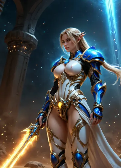 A sexy starcraft babe, in Protoss armor, high templar, full body view, great, lighting, half naked, hair on a single long braid, detailxl, hkstyle, GiganticBreatsXL, gigantic, breasts, huge, <lora:great_lighting:.7>, <lora:cfg_scale_boost:1.4>, <lora:hkstyleV5:.8>, <lora:GiganticBreastsXLv1:.8>