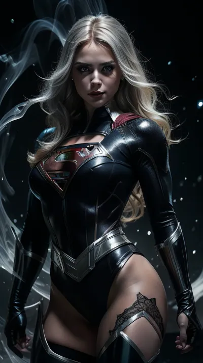 Hyper detailed fantasy illustration of a beautiful Supergirl. She has blonde hair and bright blue eyes with a clever grin. She is fit, curvy with an hourglass figure, wearing a form fitting, (((black and silver suit))), with mini skirt and thigh high lace stockings. The background is Metropolis at night, HyperSmoke, dark, background, black, backlit, theme, heibaidiao, silhouette, light, and, shadow, <lora:lowkey_v1.1:.5>, <lora:light and shadow art:.5>