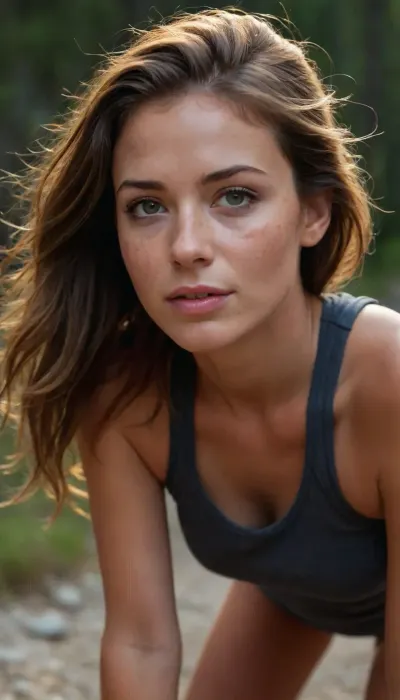 18 Year old girl, sun rays, breathtaking scenery, perfect lighting, Summer, Warm light, ultra realistic, 8k resolution, ultra-detailed, Instagram model, professional photography, Scandinavian, light colored eyes, eyes, captivating eyes, captivating gaze, thick lips, plump lips, filled lips, skinny, flat breasts, out of breath, gasping for breath, deep breath, leaning forward to catch breath, breathless, winded, exhausted, flushed face, flushed cheeks, rosy cheeks, elegant, square jaw, sharp cheekbones, Golden dust, dark brown hair with dark roots and golden highlights, messy hair, long hair, tied back hair, Casual, tanned skin, sweaty skin, prominent tan lines, freckles on face, freckles, noticeable freckles, seductive smirk, dimples, cheek dimples, dimples in cheeks, spunky attitude, feisty attitude, high energy, rockstar attitude, hiking, fully clothed, tight sleeveless t-shirt, sleeveless top, tight top, head tilted back, looking upwards, full body portrait, balancing on one leg, on tippy toes, Retro