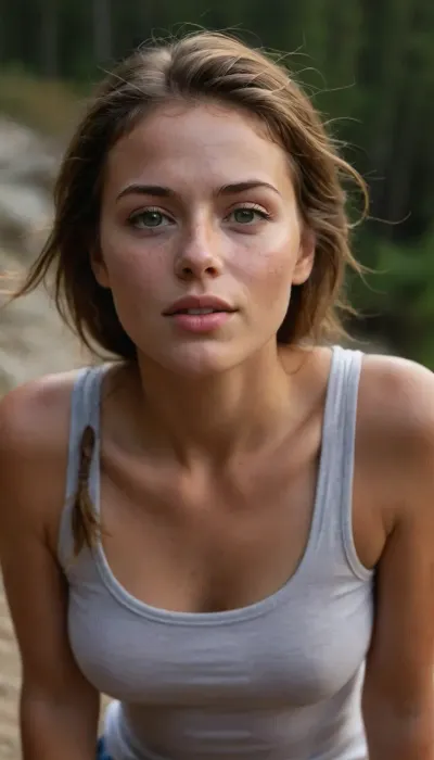 18 Year old girl, sun rays, breathtaking scenery, perfect lighting, Summer, Warm light, ultra realistic, 8k resolution, ultra-detailed, Instagram model, professional photography, Scandinavian, light colored eyes, eyes, captivating eyes, captivating gaze, thick lips, plump lips, filled lips, skinny, flat breasts, out of breath, gasping for breath, deep breath, leaning forward to catch breath, breathless, winded, exhausted, flushed face, flushed cheeks, rosy cheeks, elegant, square jaw, sharp cheekbones, Golden dust, dark brown hair with dark roots and golden highlights, messy hair, long hair, tied back hair, Casual, tanned skin, sweaty skin, prominent tan lines, freckles on face, freckles, noticeable freckles, seductive smirk, dimples, cheek dimples, dimples in cheeks, spunky attitude, feisty attitude, high energy, rockstar attitude, hiking, fully clothed, tight sleeveless t-shirt, sleeveless top, tight top, head tilted back, looking upwards, full body portrait, balancing on one leg, on tippy toes, Retro