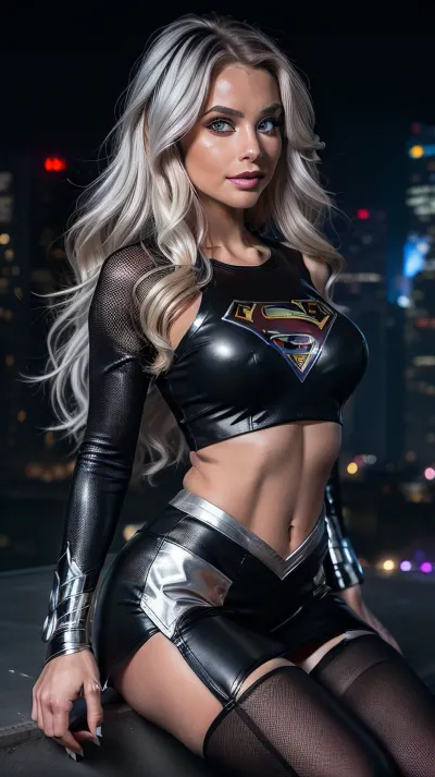 Hyper detailed fantasy illustration of a beautiful Supergirl in a dynamic pose, (((black and silver suit))), supergirl suit, She has blonde hair and bright blue eyes with a clever grin.She is fit, curvy with an hourglass figure, wearing a form fitting black and silver Supergirl suit with, (((crop top, mini skirt))), and sheer see-through thigh high lace stockings. The background is Metropolis at night, HyperSmoke, dark, background, black, backlit, theme, instbds, leggings, sitting, posing, (underboob:1.3), crop, top, t-shirt, <lora:lowkey_v1.1:.6>, <lora:insta_baddies_v1:.3>, <lora:badbrounderboob2:.1>
