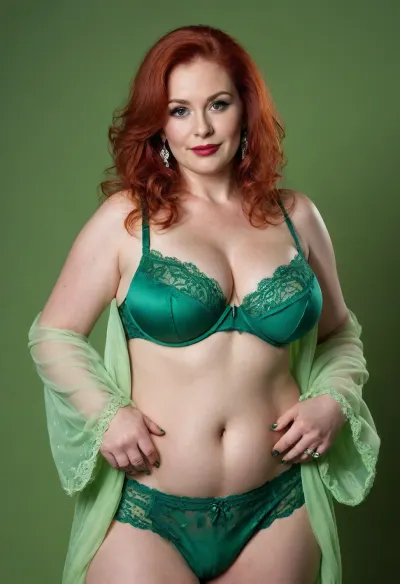 Portrait of 50 years old Russian women, fat bbw, big large ass, gigantic thighs, tummy, hyper saggy breast, diva makeup, horny diva poses, happy, busty swollen lips, pale skin, strong freckles on face, long red fluffy hair, pubic hair, green transparent lace bra garter stockings robe, green high heels, big neckles, big earrings with diamonds, jewellery, jewellery on arms. Photoshoot in photostudio, green background, spotlight and contre-jour light on model.
