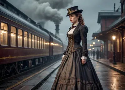 steampunk style railroad station, train arriving, steam locomotive first, late night, rainy windy whether, meet-and-greet girl in victorian dress standing around