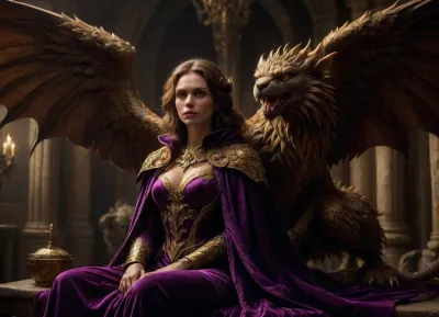 masterwork, off center side view, woman sitting on golden throne looking at viewer, wearing large velvet plush purple cape, medieval castle, she is petting a, (large brown manticore with wings outstretched), and mouth open with sabertooth, <lora:SDXLFaeTastic2400:.8>, <lora:add-detail-xl:.8>, <lora:dark:.3>, <lora:Fantasy_Monsters_XL:.5>