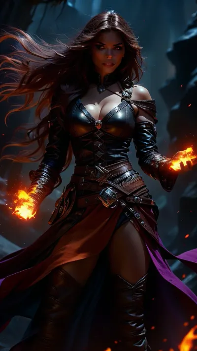 A beautiful, sexy, alluring dangerous-looking sorceress stands confidently, full-bodied and curvy. Her captivating gaze is set off by dark brown braided hair and pale skin. Her deep-set eyes glow bright yellow in the dark, and her full black lips form a knowing grin. She wears a tight, form-fitted mercenary button-up top with ample cleavage and a dark leather jacket and a thick belt that highlights her waist. Her dynamic pose features an upturned hand engulfed in magical flames of purple, blue, and orange. Dramatic, warm light illuminates the scene, casting evocative shadows in a cavernous, dimly lit environment. The background reveals flickering flames and small, indistinct figures in the distance. The composition centers on the sorceress, drawing the viewer's eye to the fiery orb in her hand. Detailed perspective and high focus on her features create a fantasy-style mood, brimming with magic and mystery. The photorealistic style, dramatic lighting, and detailed textures enhance the dark, smoky background, complementing the warm tones of the fire., HyperSmoke, dark, background, black, backlit, theme, <lora:lowkey_v1.1:.5>, femwi, <lora:FemaleWizard-10:.8>