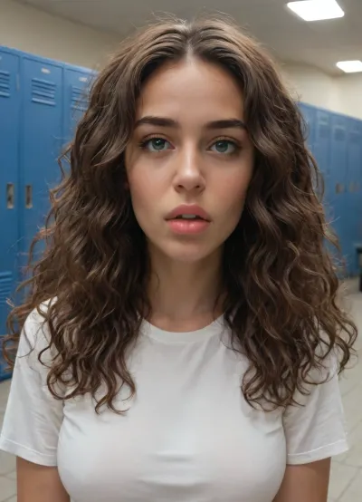(UHD 8K, masterpiece, best quality, maximum details, extreme realism, cinematic still), (beautiful 35 years old Egyptian milf), (gym locker room), ((high cheekbones)), ((soft jaw)), ((almond eyes)), ((straight nose)), ((straight nasal bridge)), ((aquiline nose)), ((full lips)), ((((wavy brunette hair)))), (((long hair))), ((dark eyes)), ((high ponytail)), (dark eyes), (((big natural breasts))), (((curvy body))), (big butt), ((tanned skin:1.1)), (white t-shirt), (black booty shorts), ((surprised:1.1))