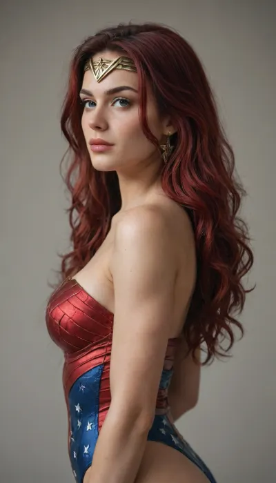 wonder woman, ((full figure)), side view, sexy, very long red hair, Snyder, Style, <lora:Dataset:.8>