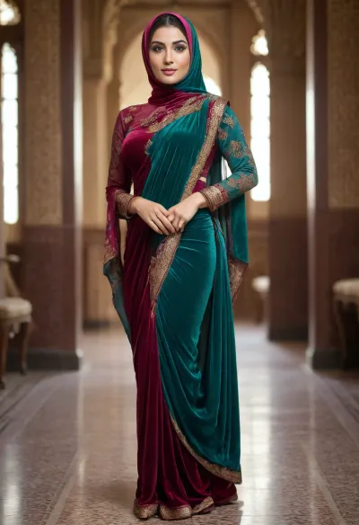 35-year-old beautiful Muslim woman in a tight-fitting colourful velvet long saree, the clothed velvet saree is slightly see-through, in a colourful hijab, sexy body, perfect breasts, fitness figure, woman, in, saree, 4K HD visual, Realistic, r, <lora:Saree_Babes_V1:.8>, mar00nv3lv3t, long, sleeves, dress, standing, full, body, maroon, velvet, see-through, <lora:m3shc0rsetdr3ss:.8>