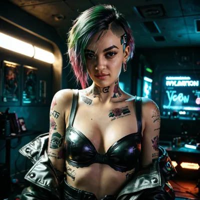 (maximum realistic), (hyper-detailed), best quality, masterpiece, dim indirect lighting, pale complexion, velus hairs, skin imperfections, artistic pornographic photoshoot pose, undressing tease, ((NSFW)), (sexy:1.19), (seductive Judy Alvarez:1.23), (Cyberpunk 2077 setting)