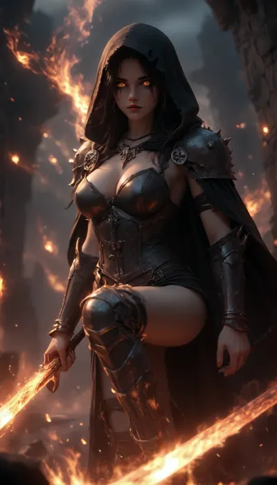 woman, long black messy hair, rings, earrings, necklace, bracelet, strong makeup, big breasts, perfect Body, best quality, perfect face, perfect body, highres, 8k wallpaper, (soft lighting:.5), quality, black hood, cape, ((deathknight black spiky full metal warrior armor)), hood, burning undead tomb, black warpaint, skulls, (burning sword in right hand), dynamic pose, fire armor bustier deep cleavage, (perfect ass), fire, burning, (Leg armor), hkstyle, half nipples, nip slip, crazy facial expression, firewalls, flaming eyes, surrounded by fire, <lora:hkstyleV5:.8>, <lora:dark:.4>